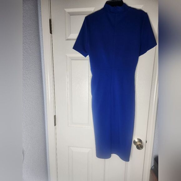 TAHARI by Arthur Levine 10 Blue Midi Stretch Crepe Shortslve Lined Knot Dress - Picture 7 of 9